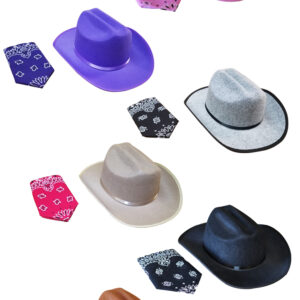 All cowboy hat colors, pink sparkle, purple, grey, tan, black and brown