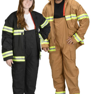 Black and tan adult firefighter suit on man and woman