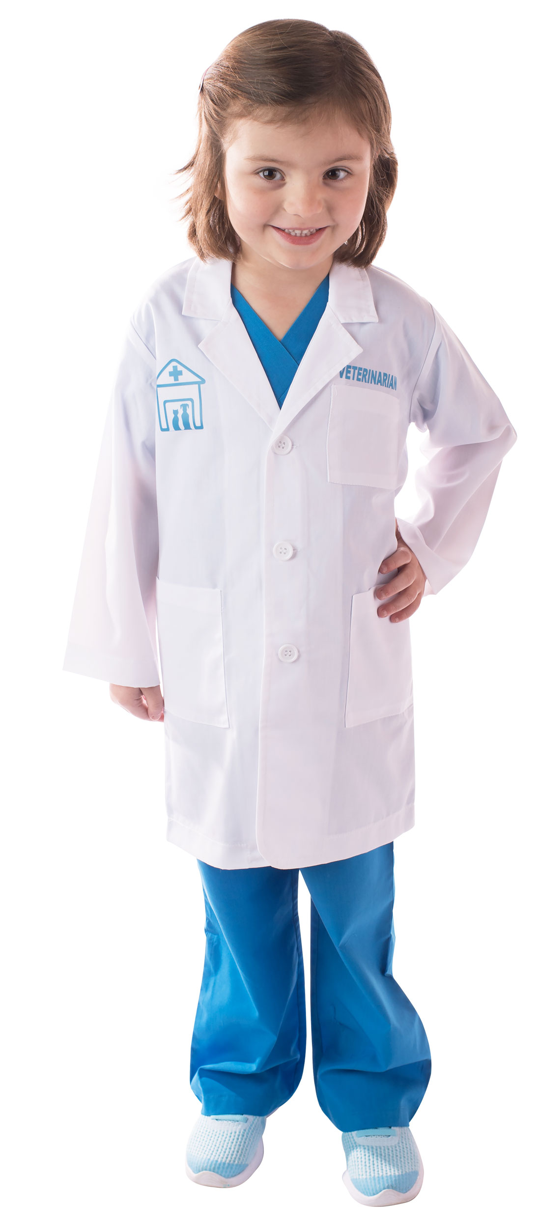 Veterinarian lab coat with blue scrubs on child