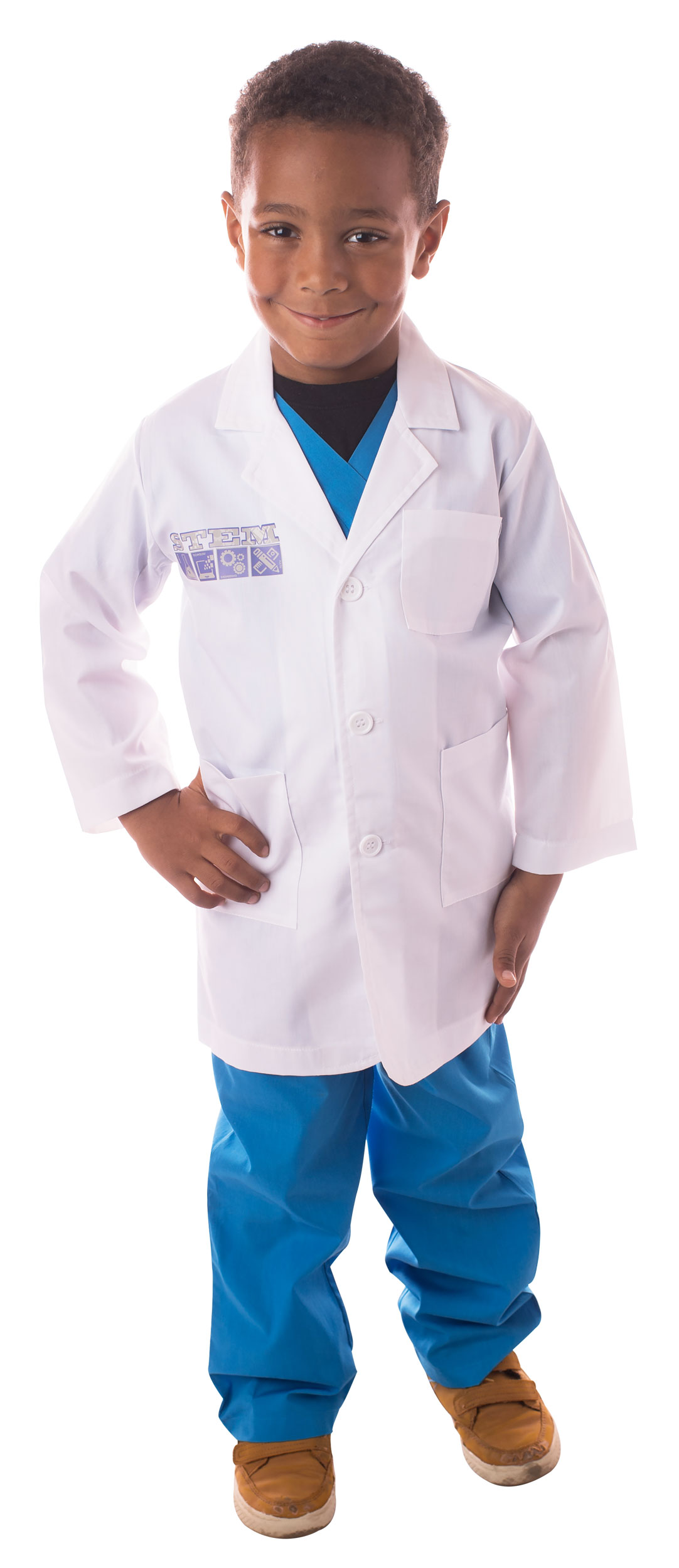 purple Stem logo lab coat with blue scrubs on child