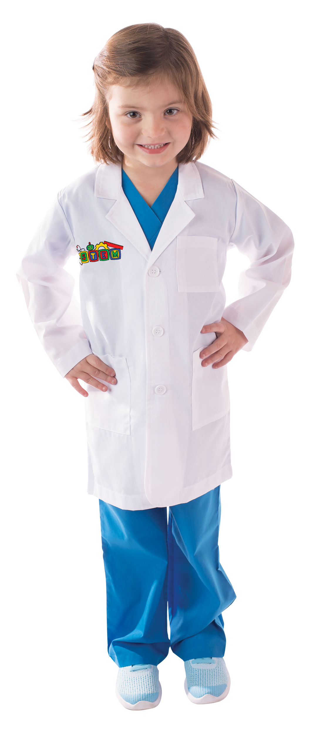 Stem logo lab coat with blue scrubs on child