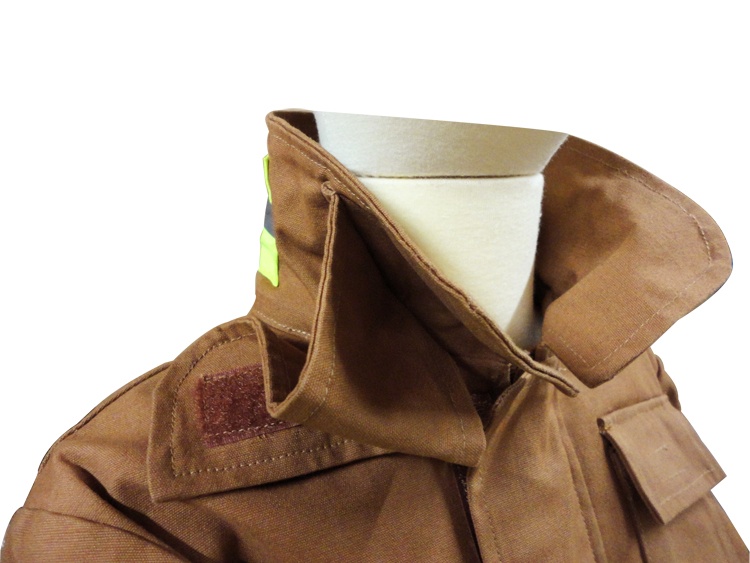 FTCollaropen Close up of jacket collar open on Tan firefighter