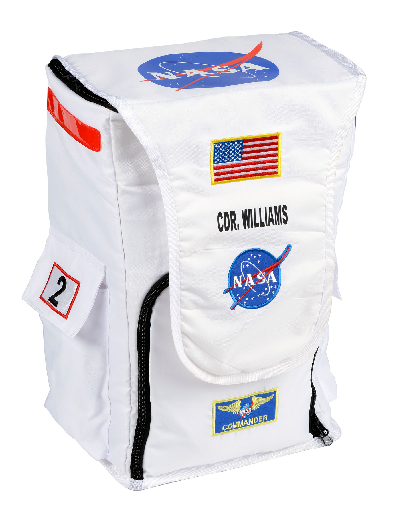 Personalized white astronaut backpack.