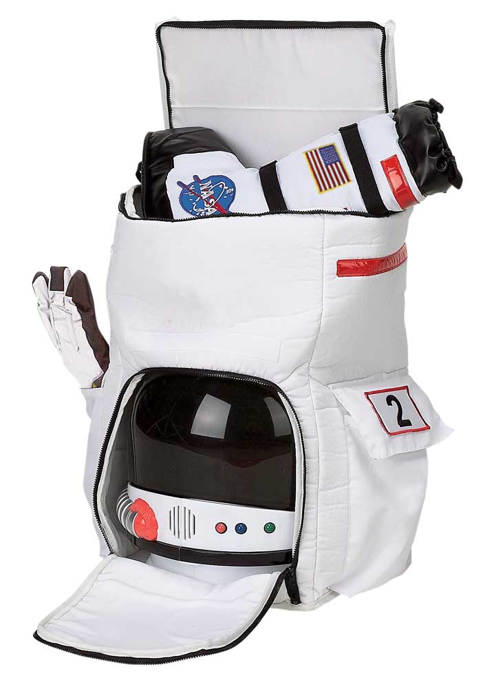 White astronaut helmet with sound, boots and gloves inside open view astronaut backpack.