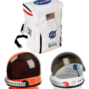 White astronaut back pack and choice of helmet with sound accessory bundle.