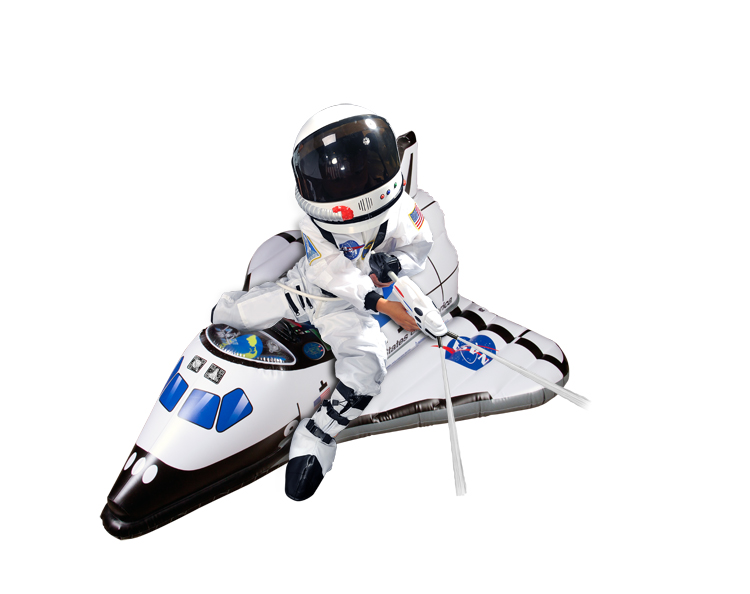 Kid on inflatable shuttle wearing white astronaut suit, boots and helmet with sound, blasting water from astronaut space pack.