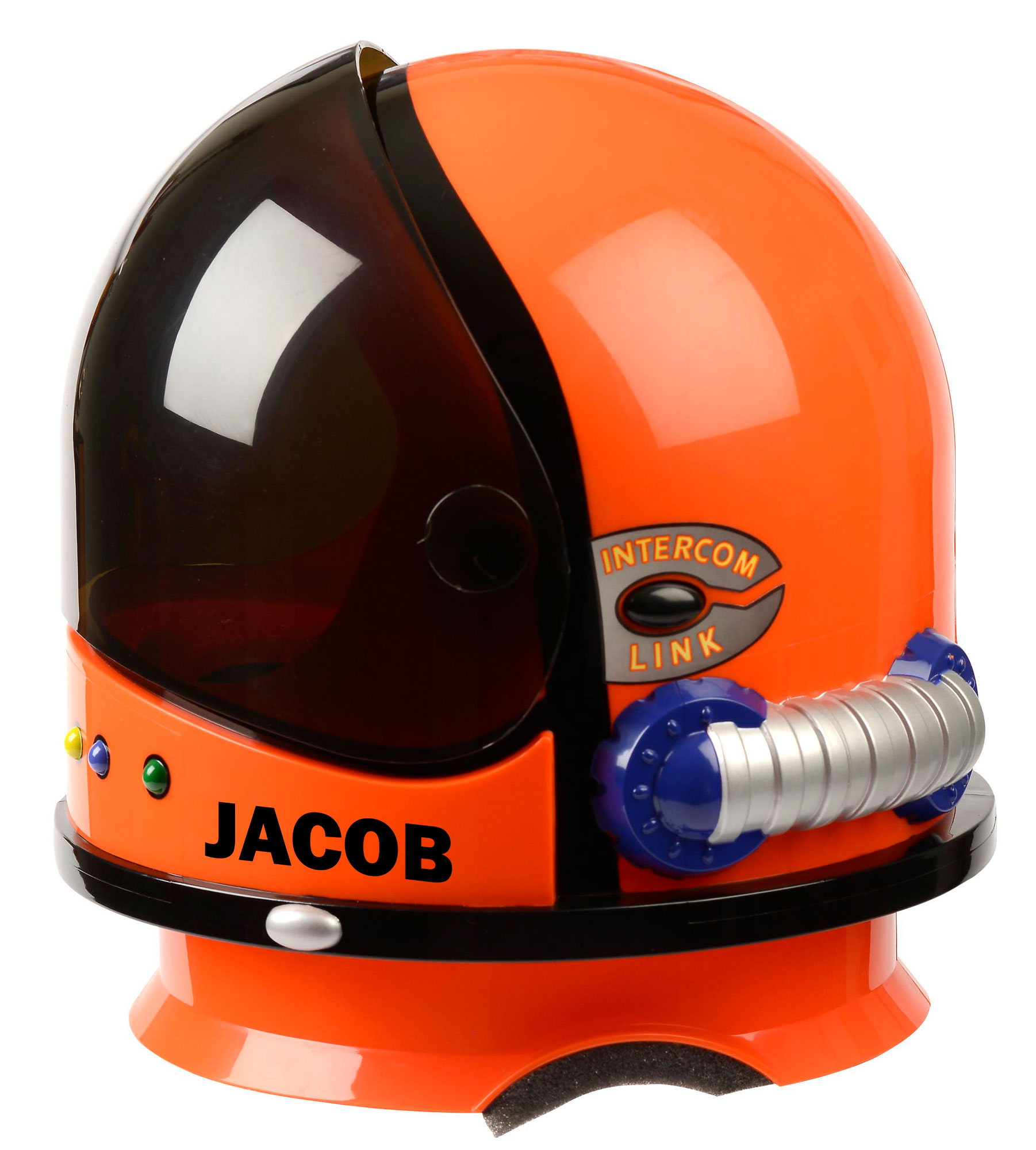 Personalized orange astronaut helmet with sound.