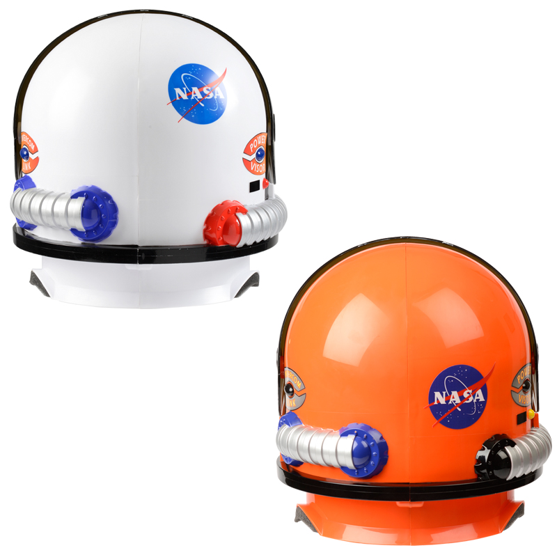 White and orange astronaut helmets, back view.