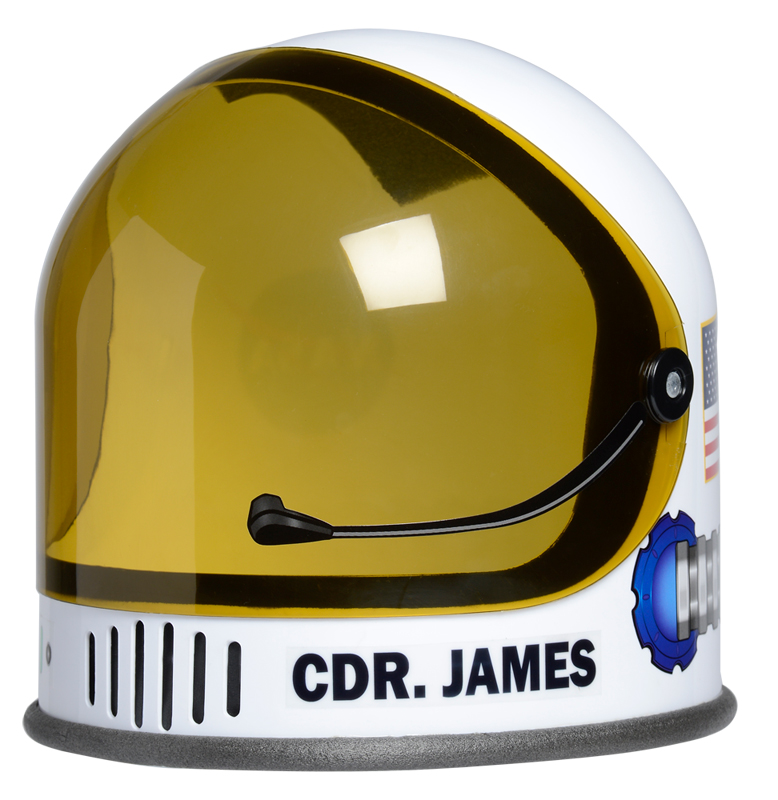 Personalized white astronaut helmet.