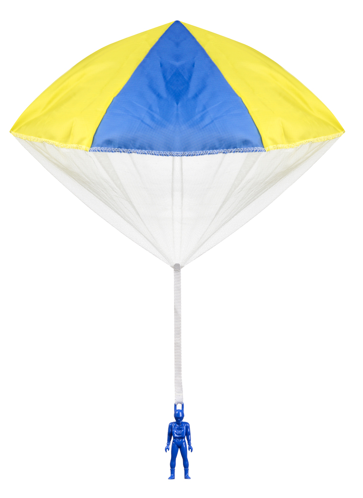 images blue and yellow open toy parachute with blue guy.