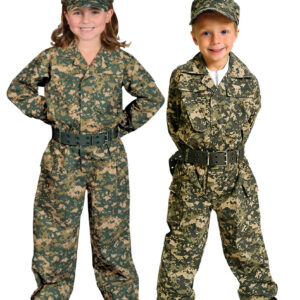 Kids wearing green camo suits.