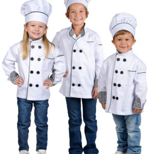 Kids wearing chef jacket and hats