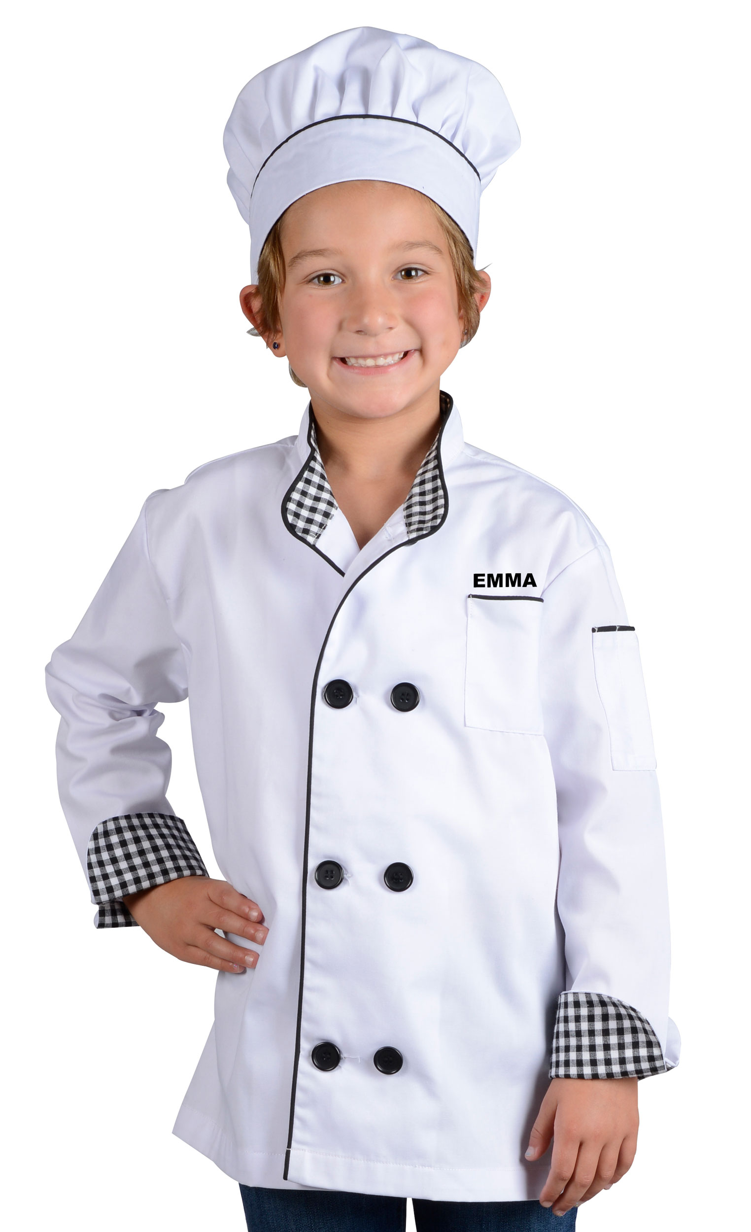 Kid wearing personalized chef jacket.