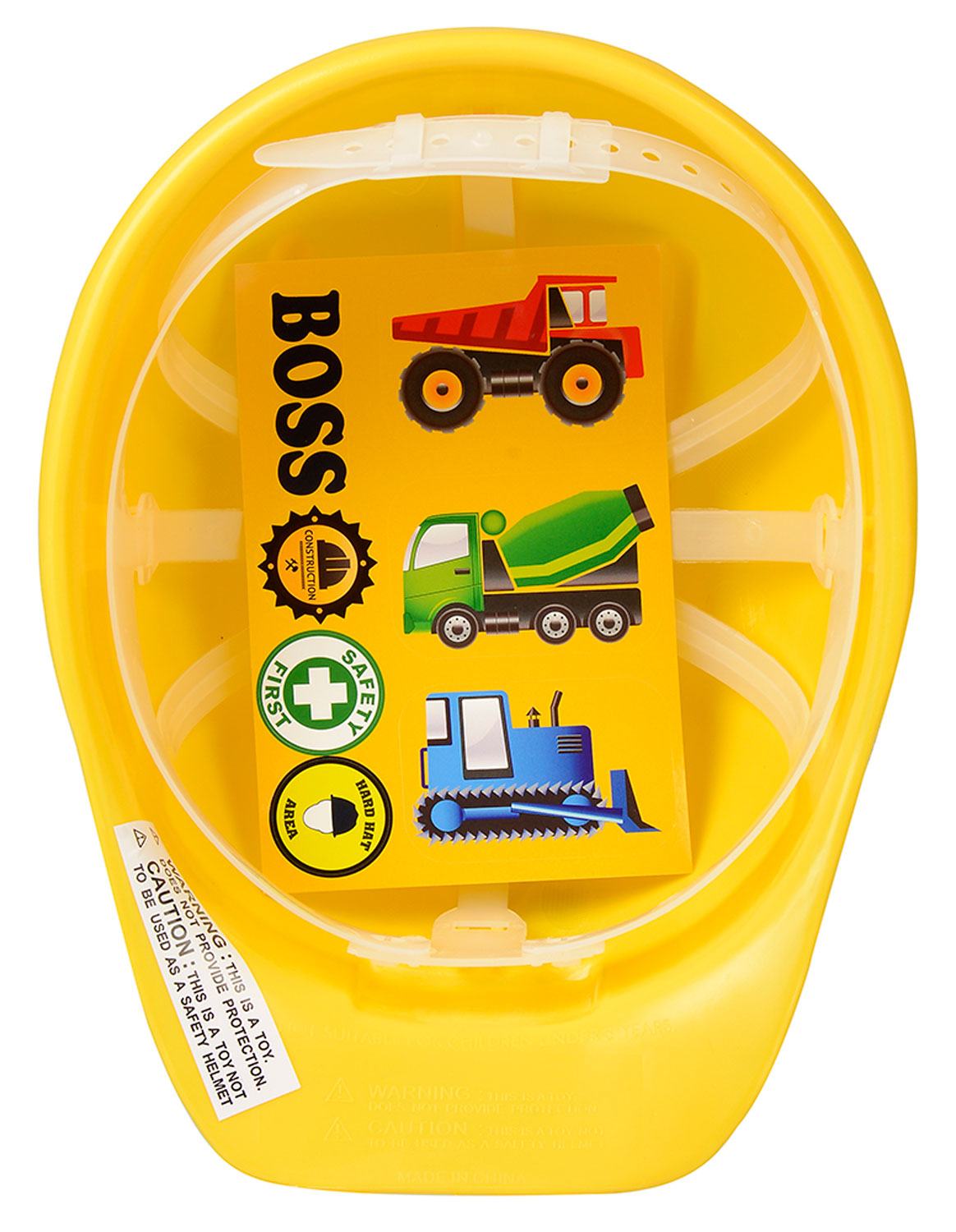 Construction helmet with stickers, inside view.