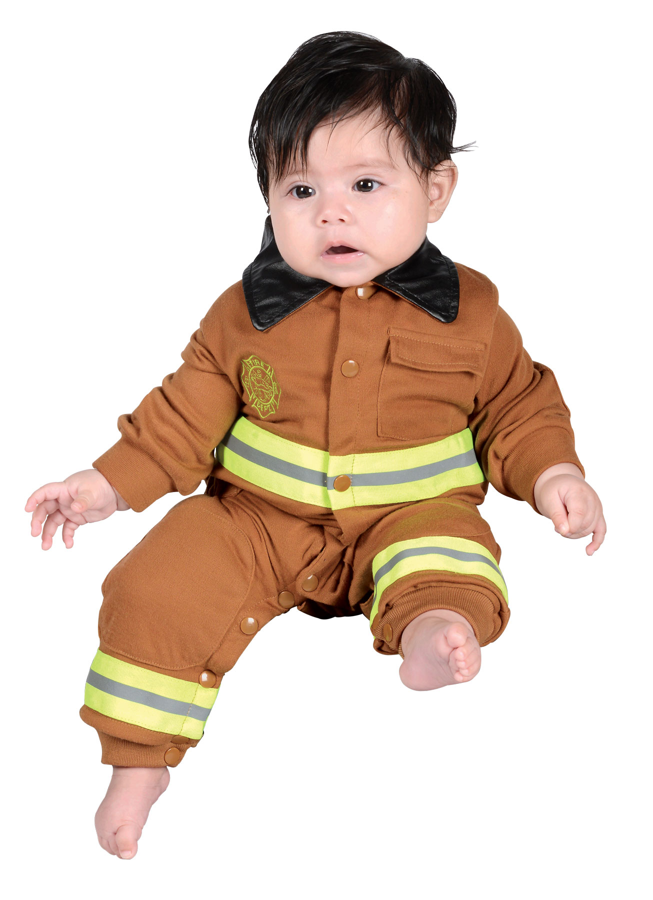 images Child in tan firefighter romper suit.