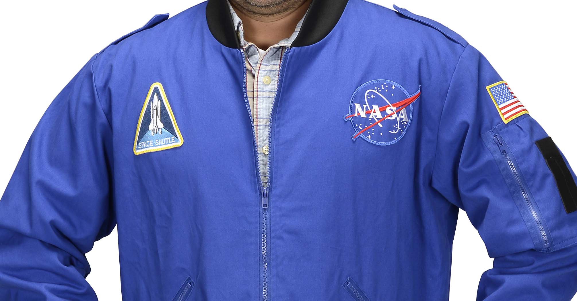 images Blue flight jacket close up.