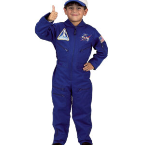 Kid wearing blue flight suit.