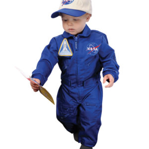 Child wearing blue flight suit.