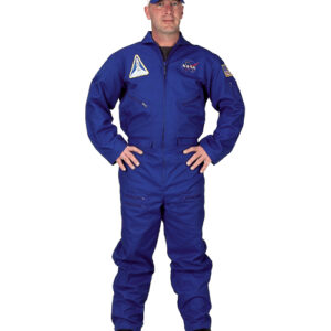 Adult wearing a blue flight suit.