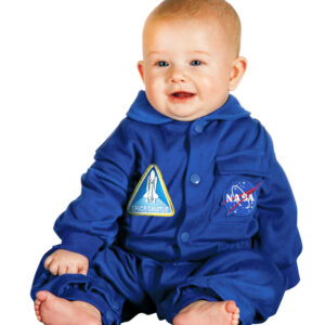 Child wearing blue flight suit romper.