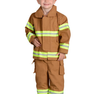 Kid wearing tan firefighter suit.