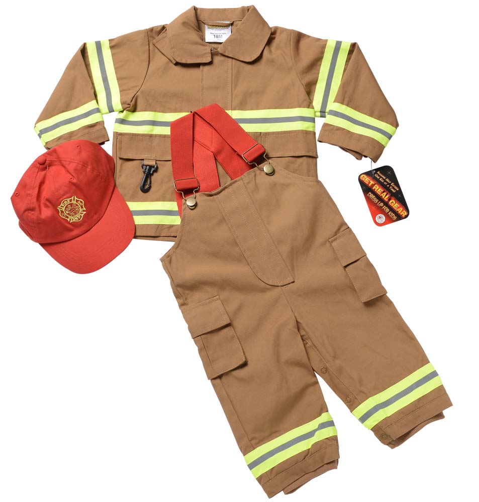 Tan firefighter suit.
