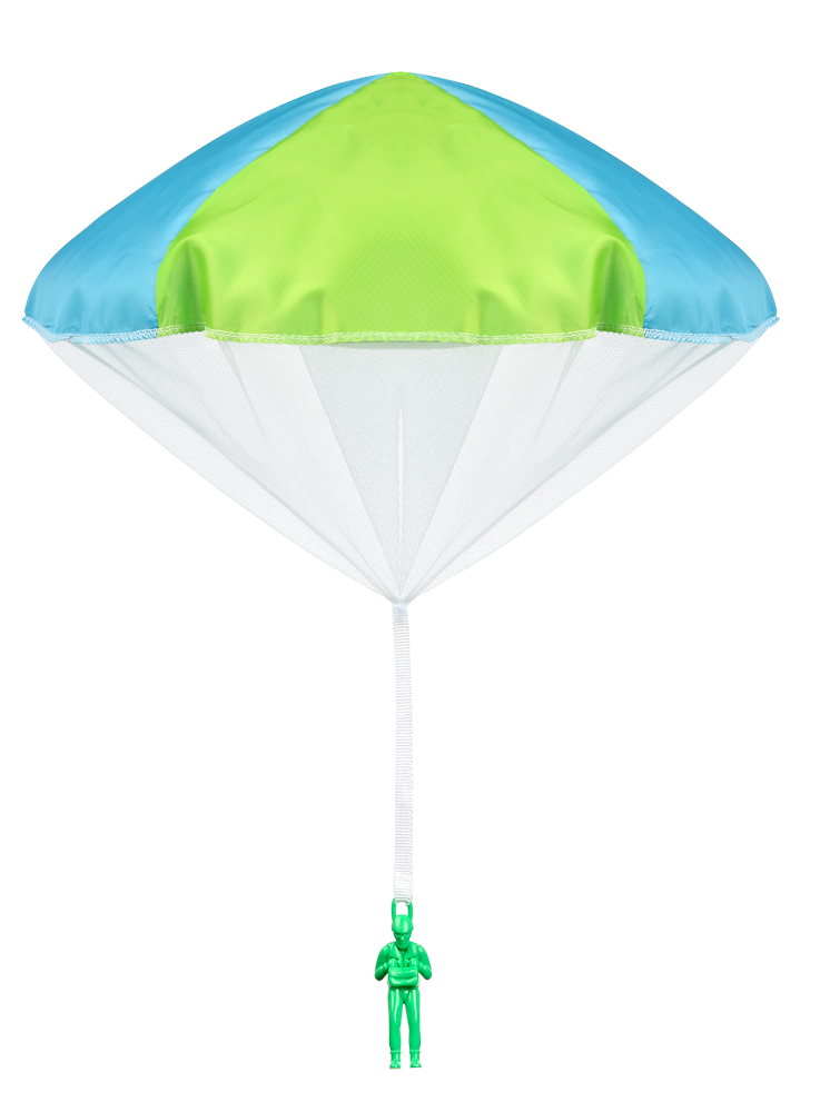 images Green and blue open toy parachute with green guy.