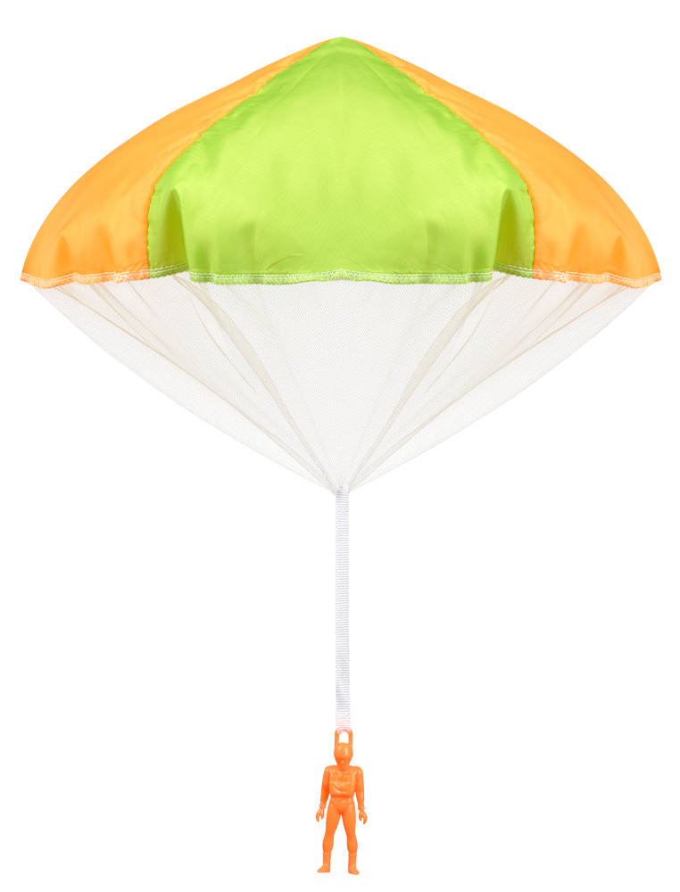 images Green and orange open toy parachute with orange guy.