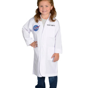 Kid wearing white rocket scientist lab coat.