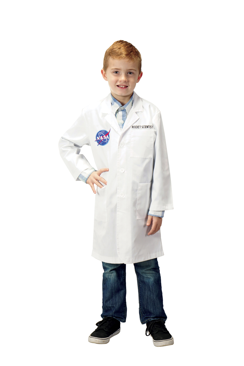 images Kid wearing white rocket scientist lab coat.