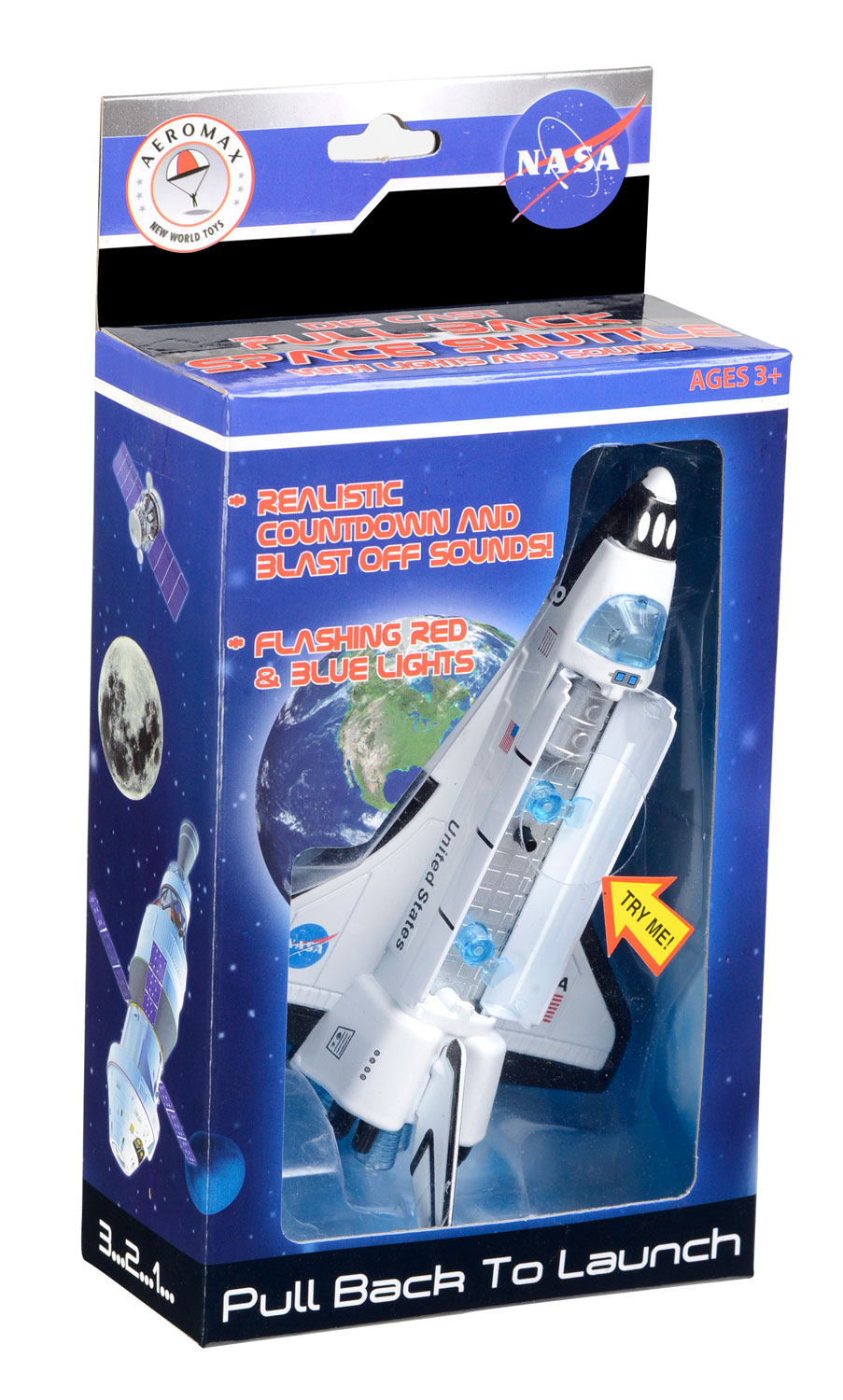 images Pull back space shuttle toy in package.