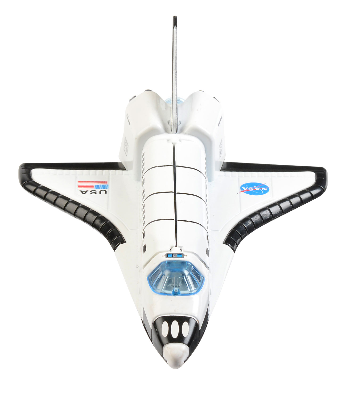 images Pull back space shuttle toy, front view.