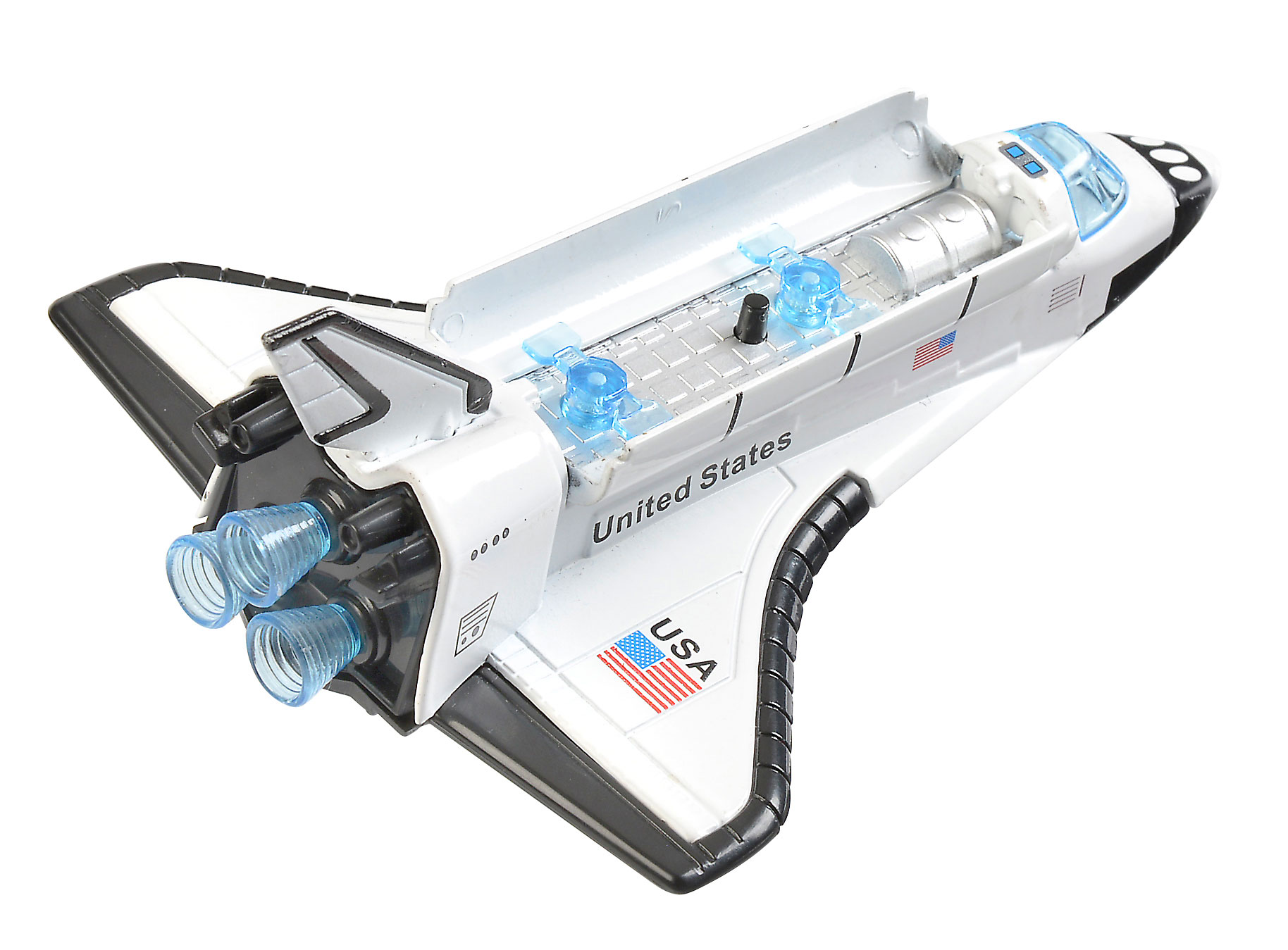 images Pull back space shuttle toy, right side with open top.