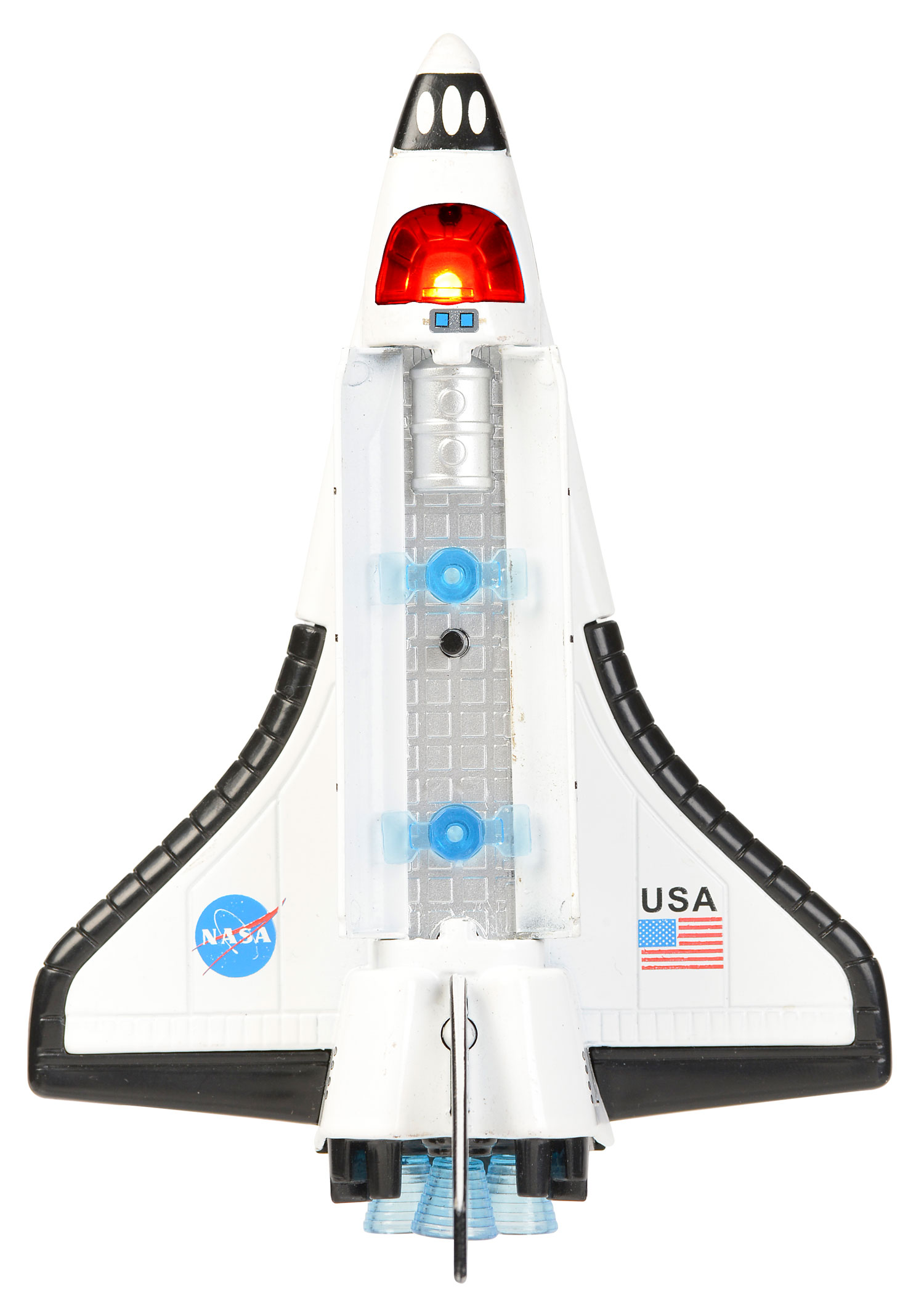 images Pull back space shuttle toy, top view open top.