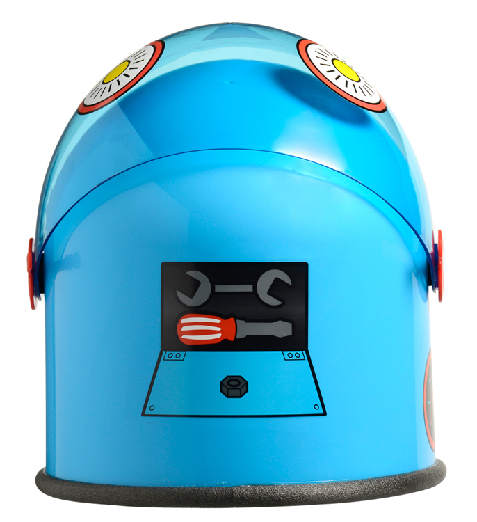 Robot helmet back view with visor up.