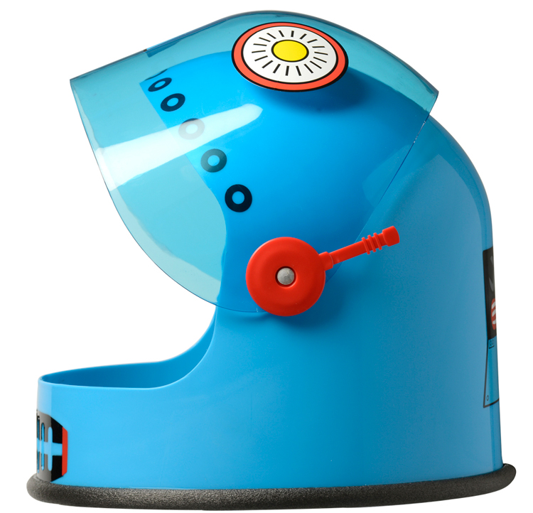 Robot helmet with visor up, left side view.