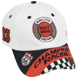 Black and white champion racing cap.
