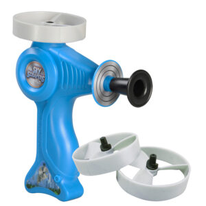 Sky scraper toy with discs, front view.