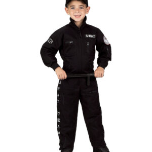 Kid wearing swat suit.