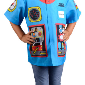 Kid wearing robot shirt.