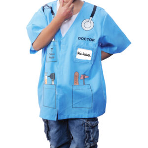 kid wearing blue doctor shirt.