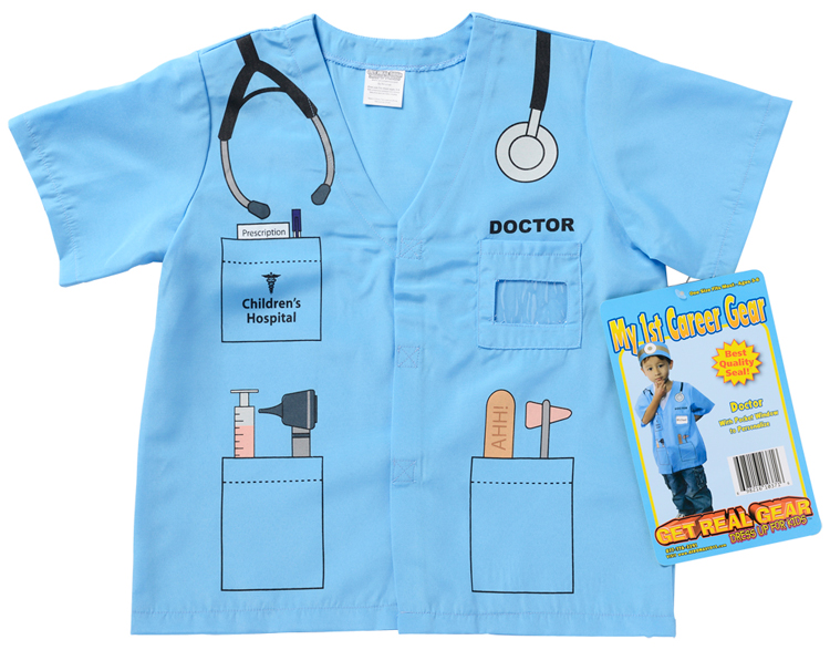 Blue doctor shirt with hang tag, front view.