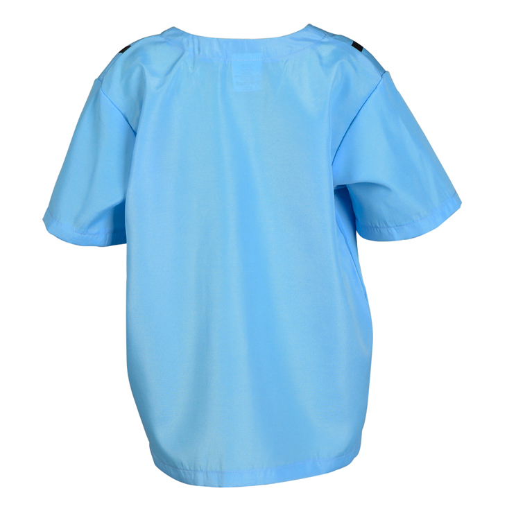 Blue doctor shirt, back view.