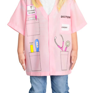 Kid wearing pink doctor shirt.