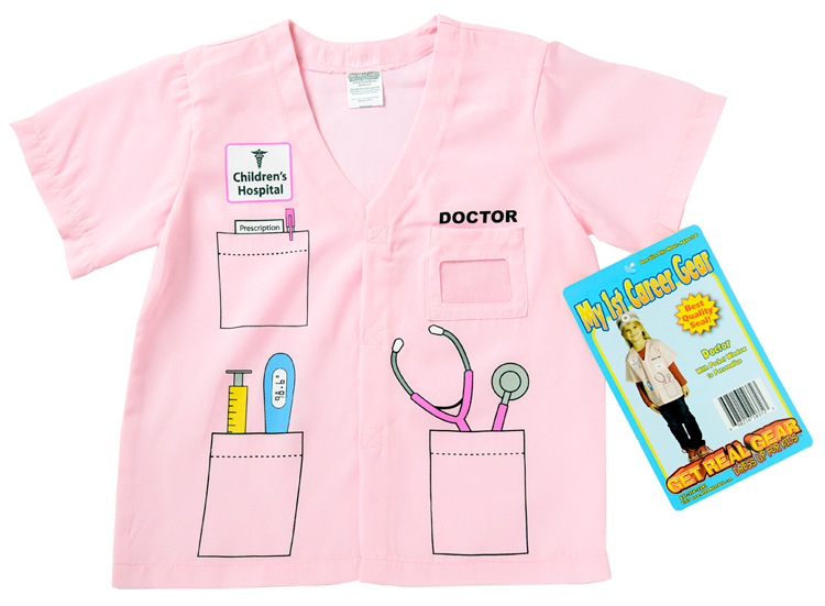 Pink doctor shirt with hang tag, front view.