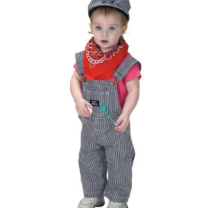 Child wearing train engineer suit.