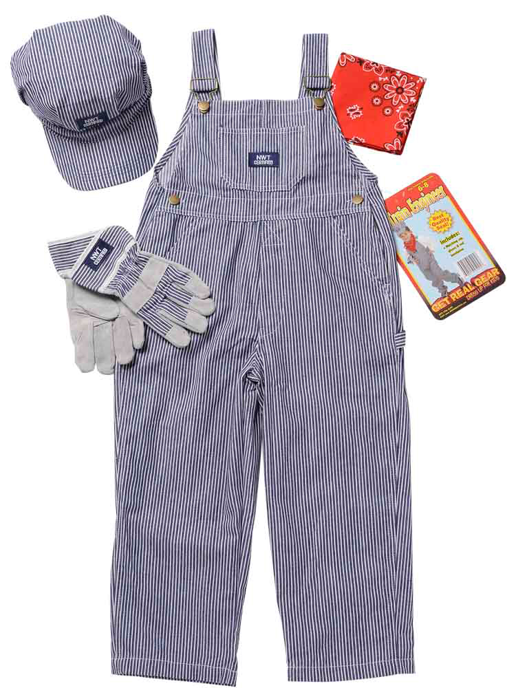 images Train engineer suit and accessories, front view.
