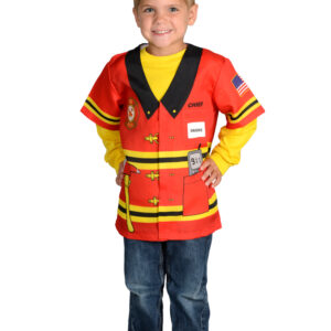 kid wearing firefighter shirt.
