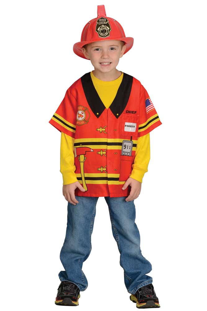 kid wearing firefighter shirt and red helmet with sirens.