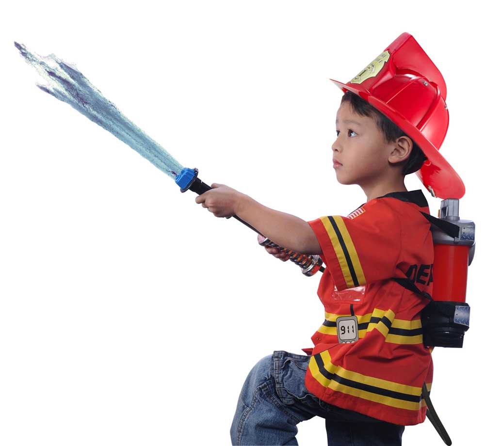 Kid with firefighter shirt, helmet and firepower video.